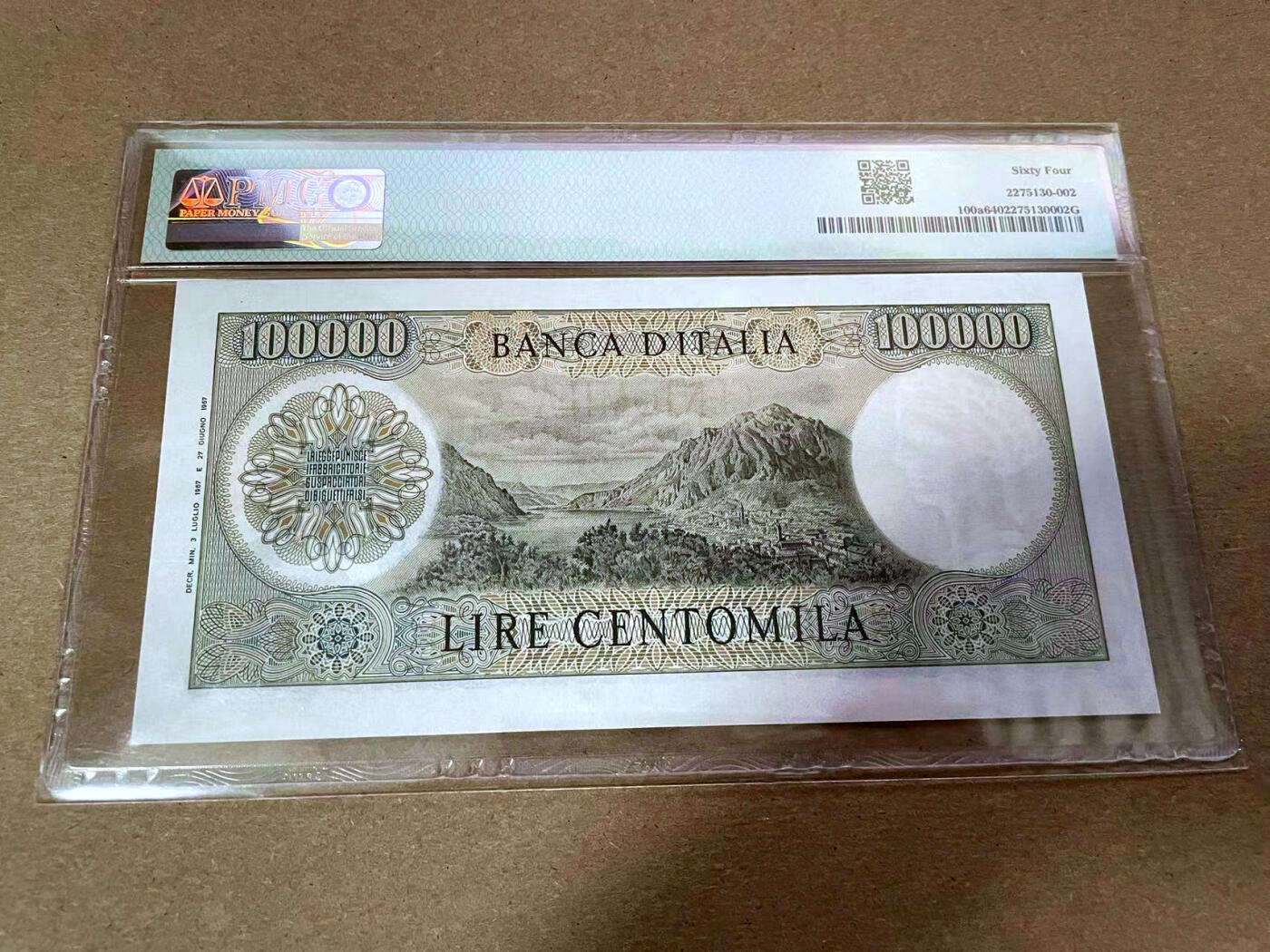 【Blue Auction】✨世界纸币精拍第492期【精】    【初版】意大利 1967年10万里拉 经典曼左尼 PMG64 