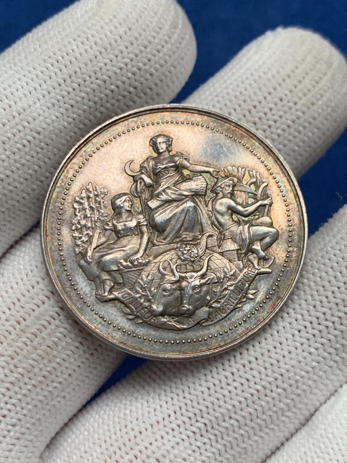 《竞宝斋》第281场- 周日，周一 ，周二3场连拍 （全场包邮） 法国银质代币，圣艾蒂安卢瓦尔河农业展，16.78g，34.3mm，丰饶角边铭