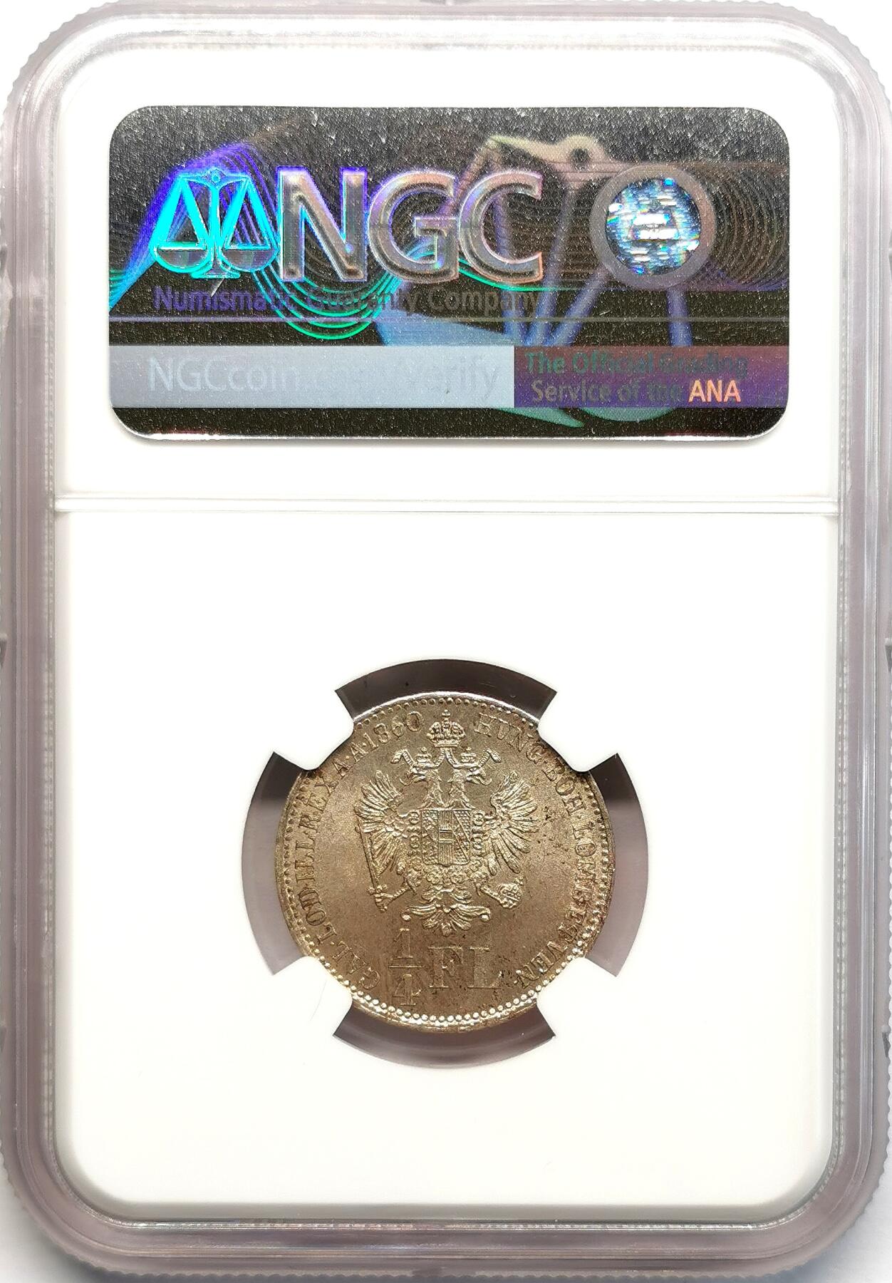 凡希社世界钱币微拍第二百七十三期 1860B奥地利帝国1/4FL银辅币NGC-MS64，高品罕见！
