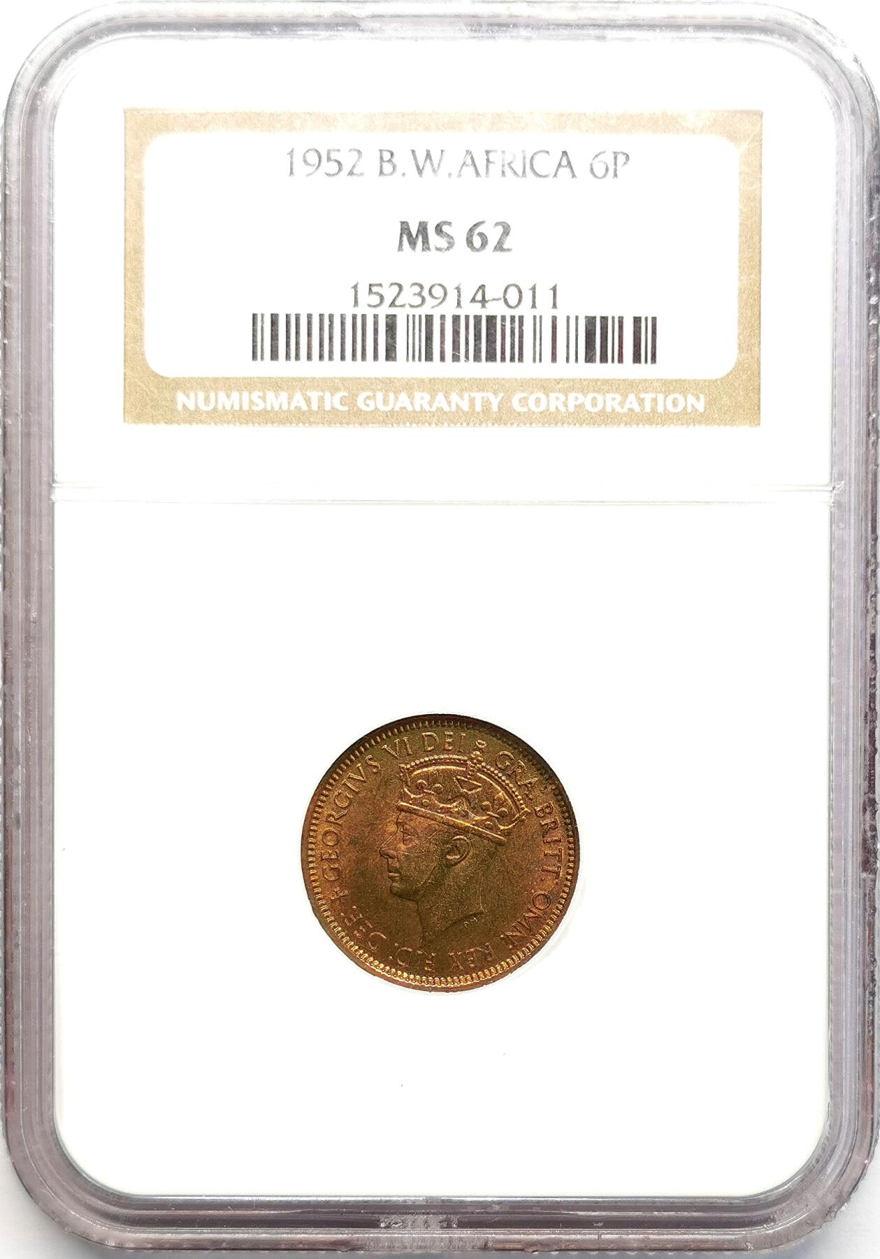 凡希社世界钱币微拍第二百七十三期 1952英属西非乔六6便士NGC-MS62仅铸造267枚！