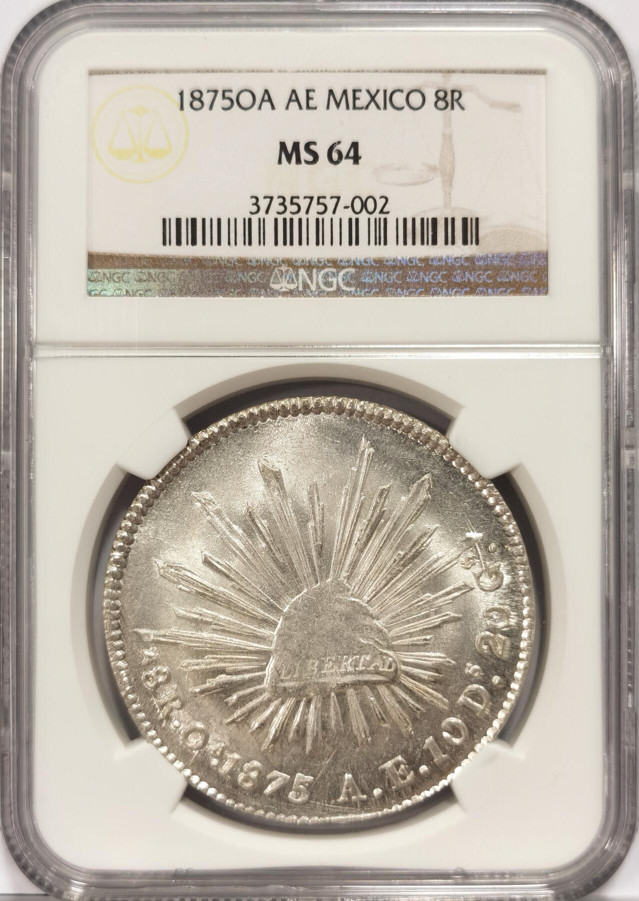 【麦稀奇世界钱币展】博洋堂“流萤染夏”六月精品专场暨第081期（全场包邮） NGC MS64 第三名！名誉O厂墨西哥1875年OA AE花边鹰洋8R