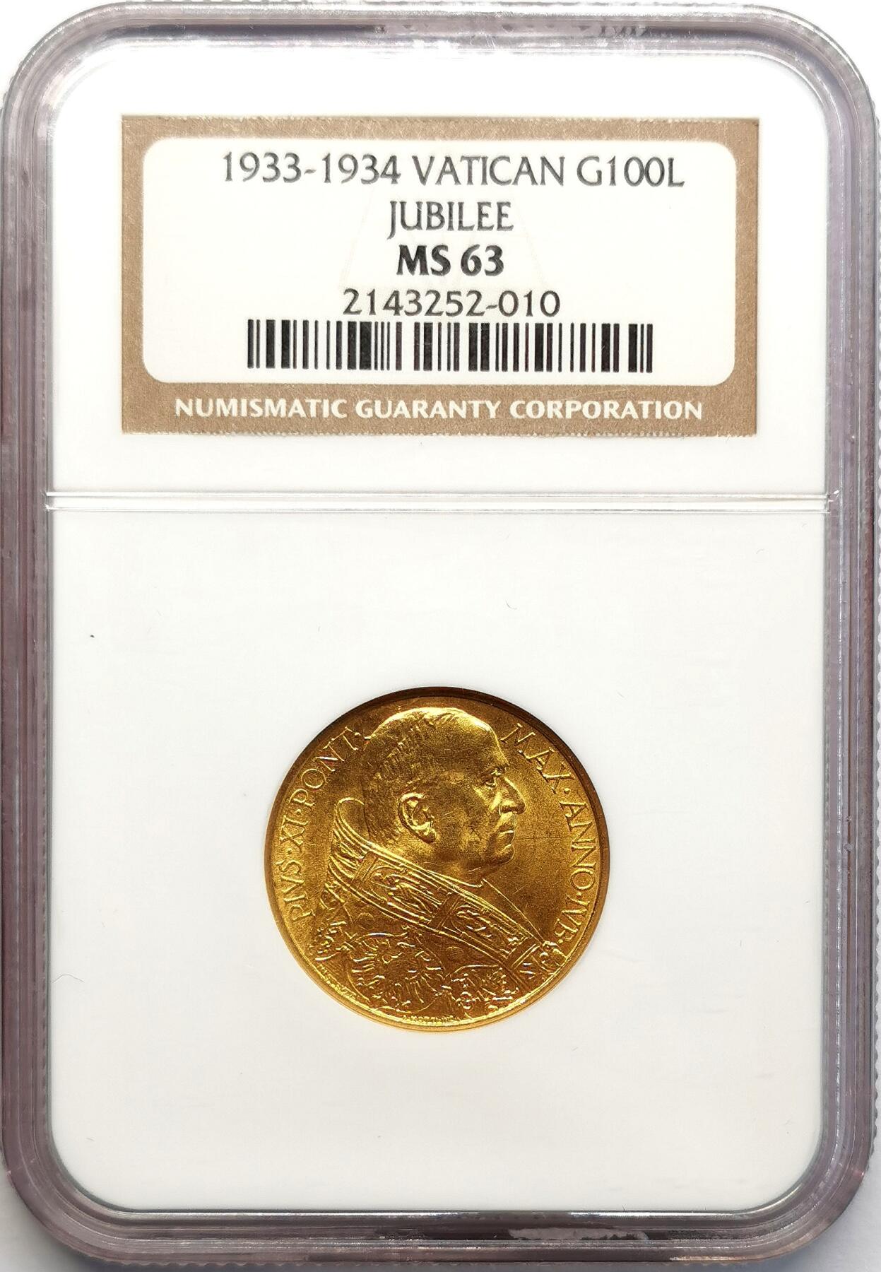 凡希社世界钱币微拍第二百七十三期 1933-34梵蒂冈教宗庇护十一世100里拉金币NGC-MS63，8.8g，900金，稀少的一年型品种！