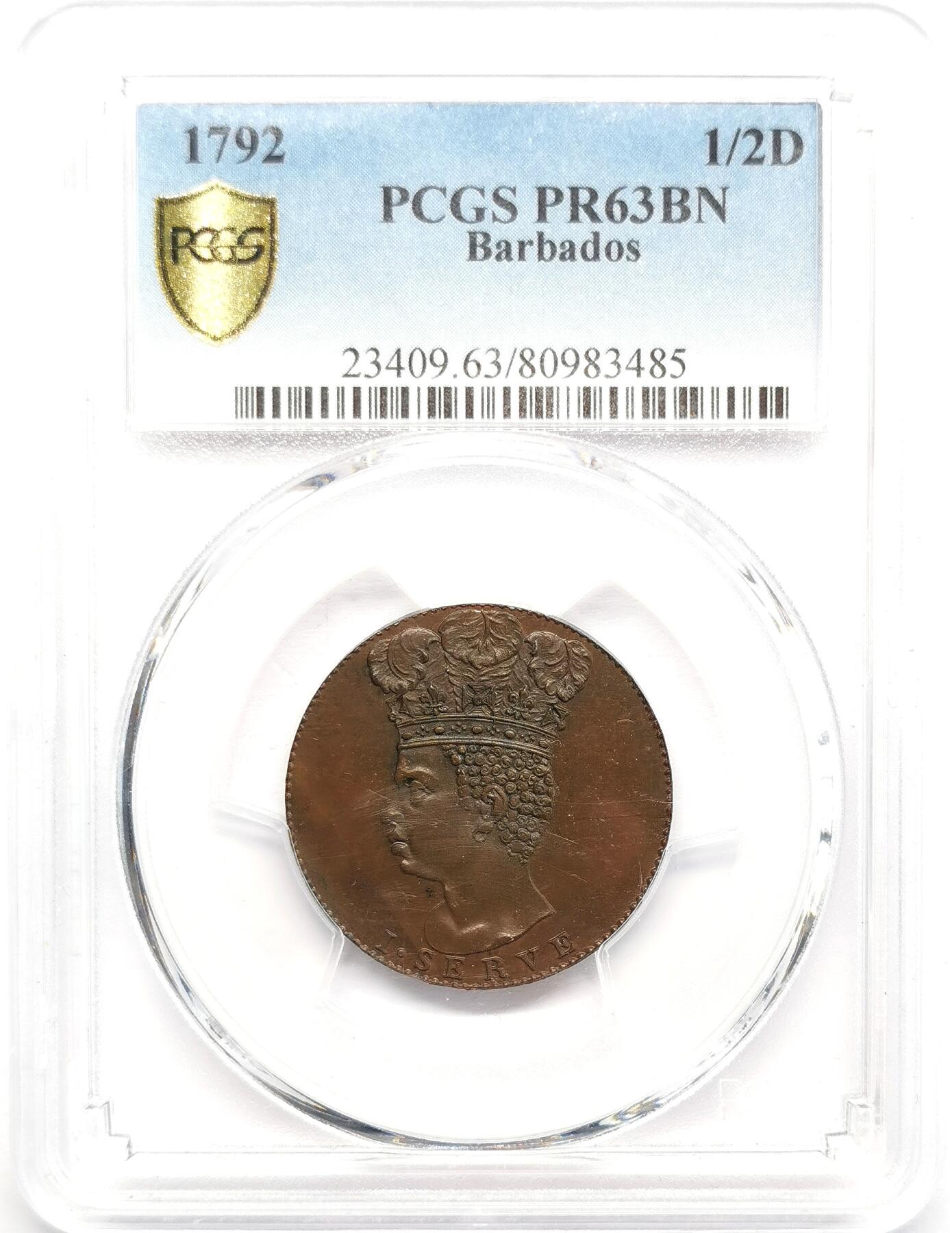 凡希社世界钱币微拍第二百七十三期 荐！1792巴巴多斯海神1/2便士铜币精铸PCGS-PR63BR