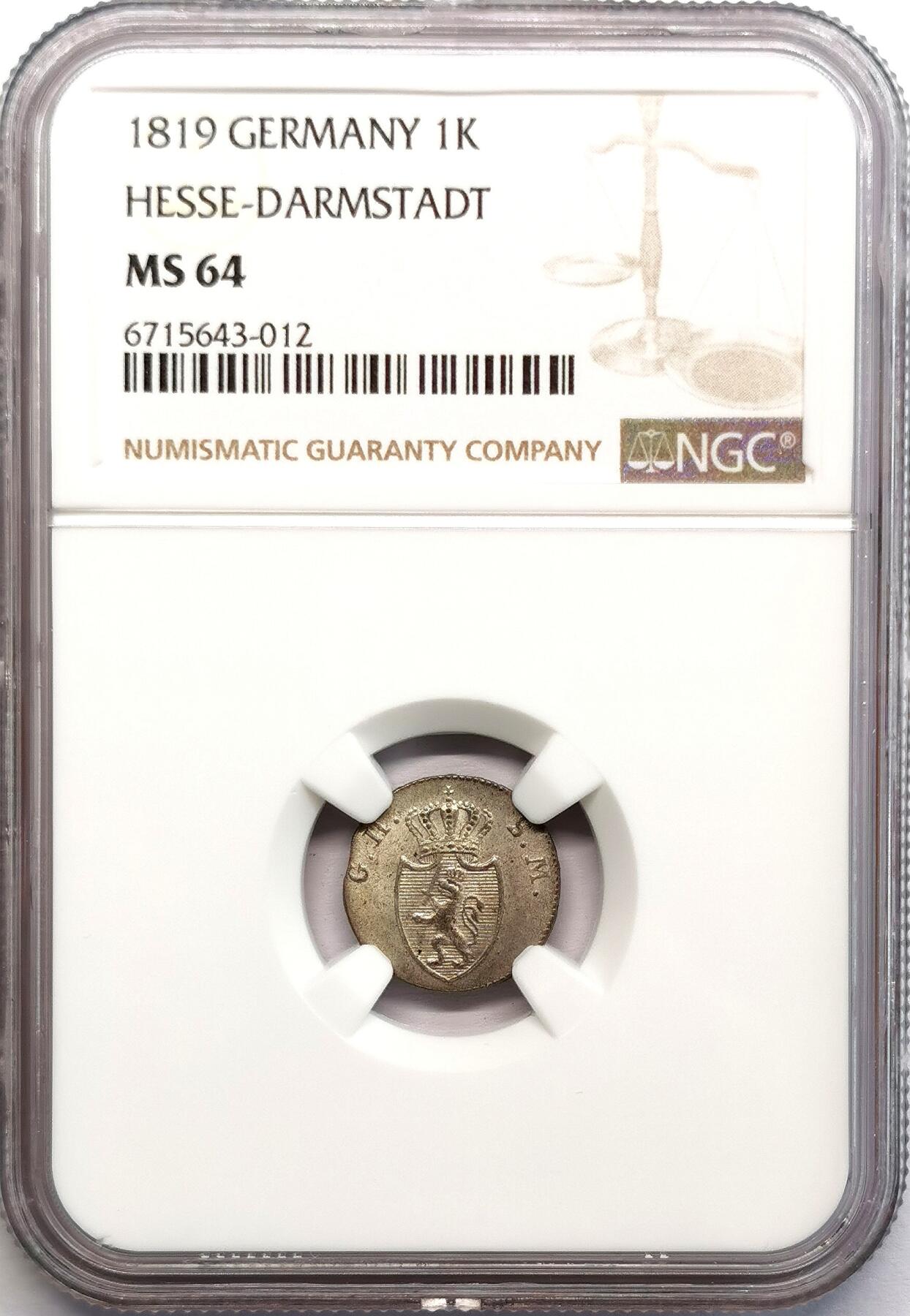 凡希社世界钱币微拍第二百七十三期 1819德国黑森达姆斯特1K银辅币NGC-MS64
