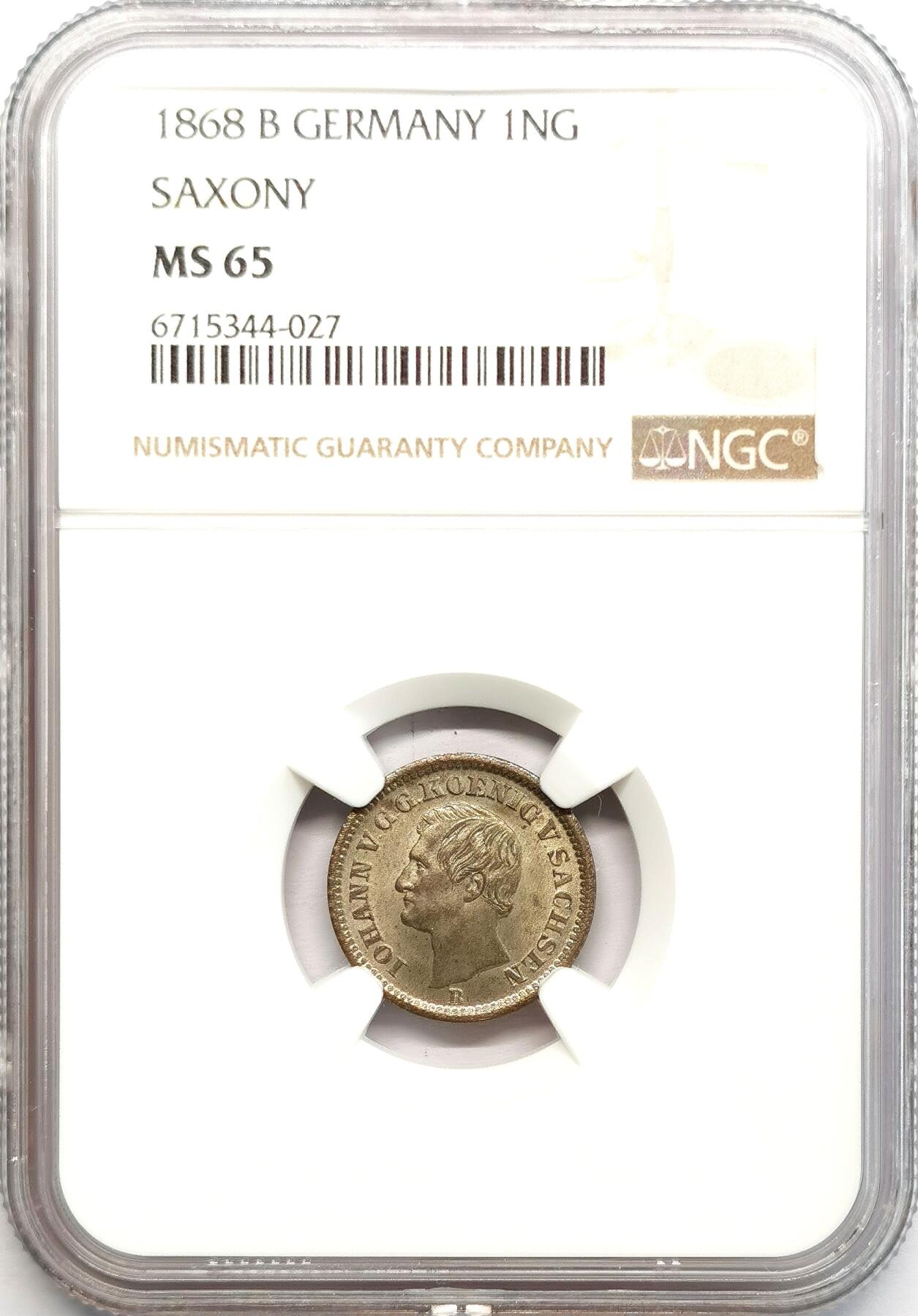 凡希社世界钱币微拍第二百七十三期 1868B德国萨克森头像版1NG银辅币NGC-MS65高分顶级品！