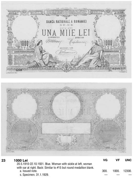 【Blue Auction】✨世界纸币精拍第492期【精】  【无47 该套最高值罕见珍品】罗马尼亚早期 1910-31年1000雷 超大票幅 双水印 PMG35 