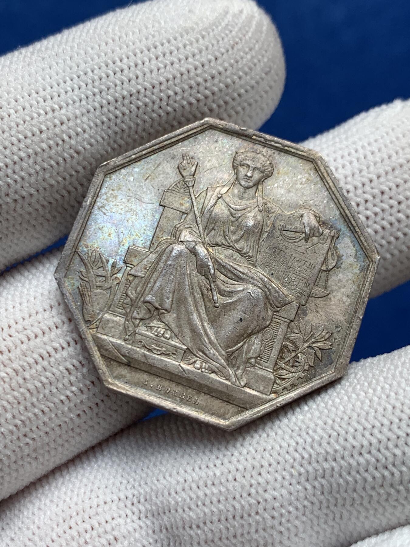 《竞宝斋》第281场- 周日，周一 ，周二3场连拍 （全场包邮） 法国八角银质代币，布莱公证处，19.80g，31.5mm，丰饶角边铭