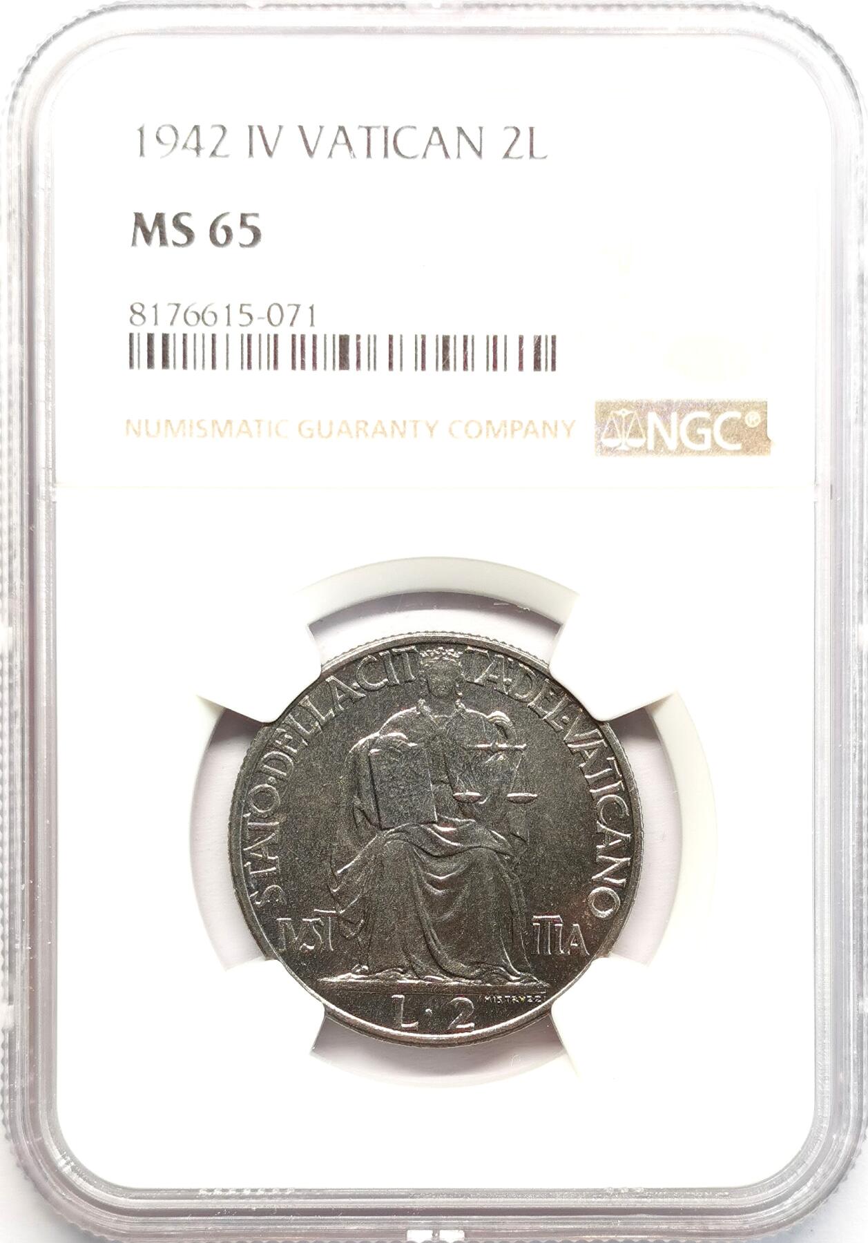 凡希社世界钱币微拍第二百七十三期 1942梵蒂冈2里拉NGC-MS65