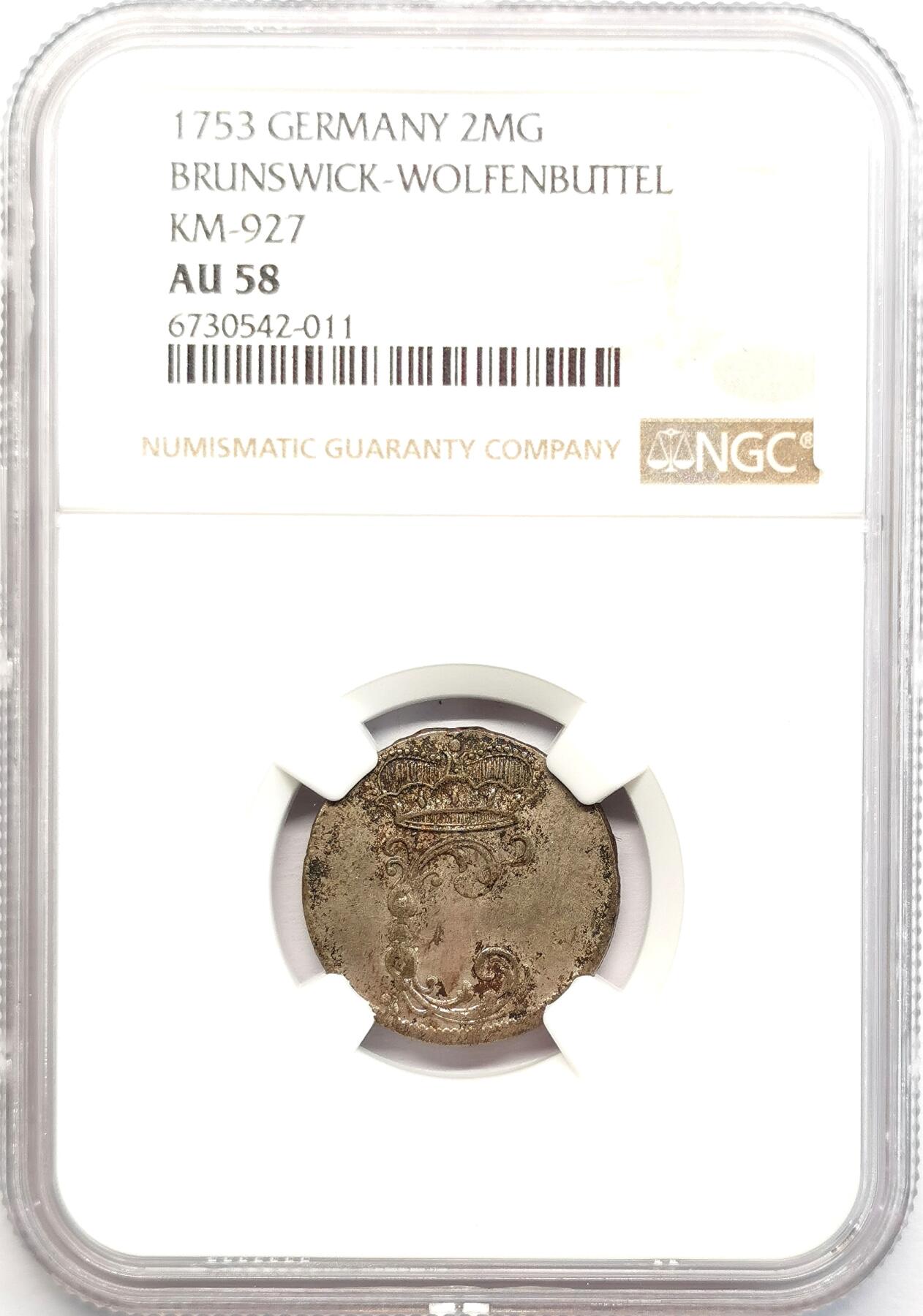 凡希社世界钱币微拍第二百七十三期 1753布伦瑞克沃芬伯特2MG银辅币NGC-AU58