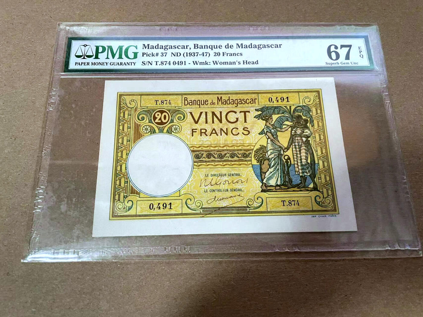 【Blue Auction】✨世界纸币精拍第492期【精】 马达加斯加 1937-47年20法郎 PMG67EPQ 高分
