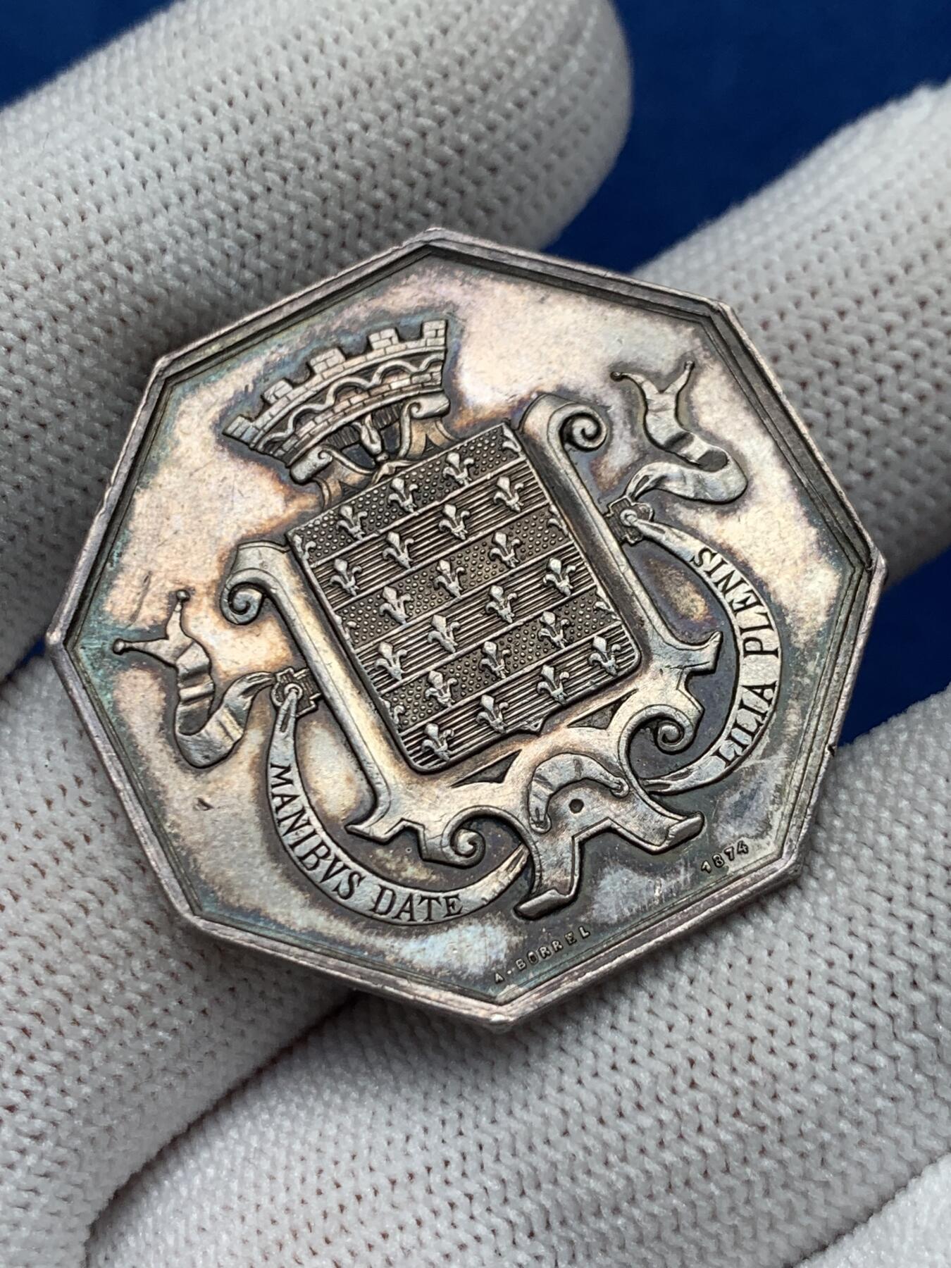 《竞宝斋》第281场- 周日，周一 ，周二3场连拍 （全场包邮） 法国博根西储蓄银行八角银jeton，34mm，14.1克，丰饶角+ARGENT边铭