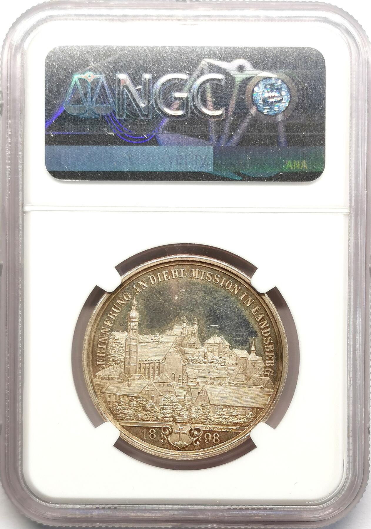 凡希社世界钱币微拍第二百七十三期 1898德国兰茲贝格城市景观与圣塞巴斯蒂安银章NGC-MS63，雕模极其精美，名家作品！