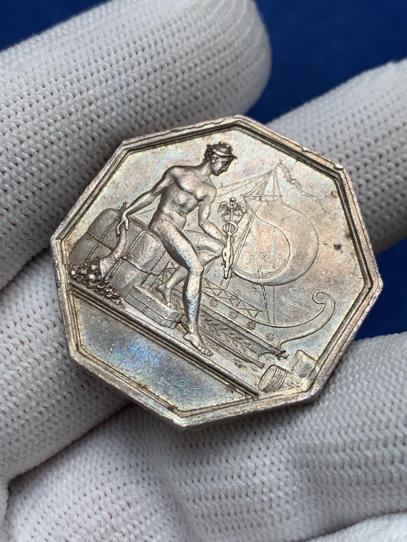 《竞宝斋》第281场- 周日，周一 ，周二3场连拍 （全场包邮） 法国八角银章，鲁昂海上保险公司，18.06g，32.5mm，早期无边铭