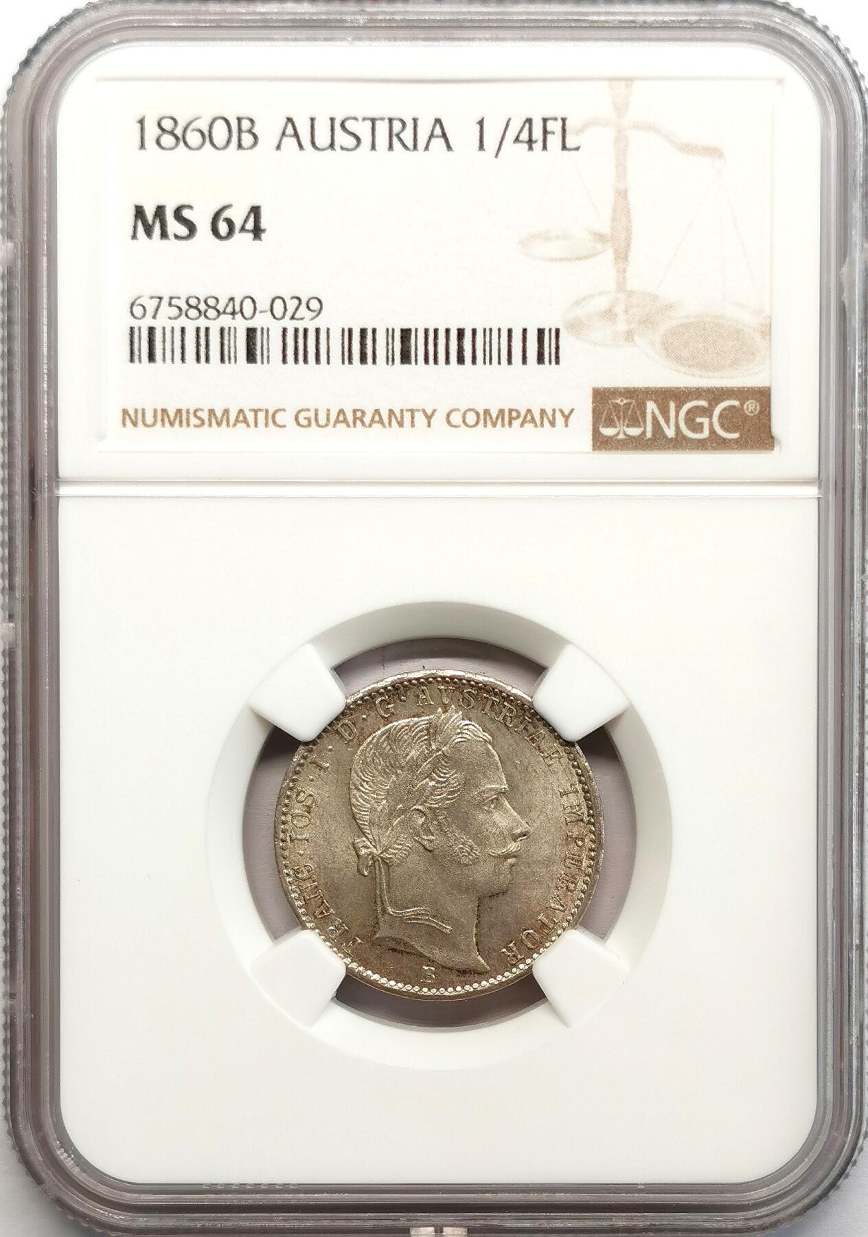 凡希社世界钱币微拍第二百七十三期 1860B奥地利帝国1/4FL银辅币NGC-MS64，高品罕见！