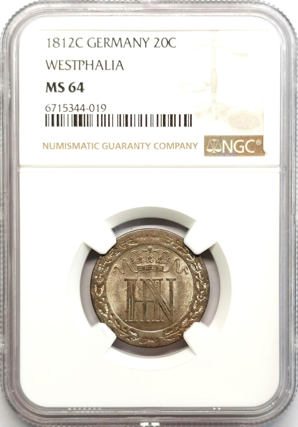 凡希社世界钱币微拍第二百七十三期 1812C威斯特伐利亚20分银币NGC-MS64，银层完美，极品品相！