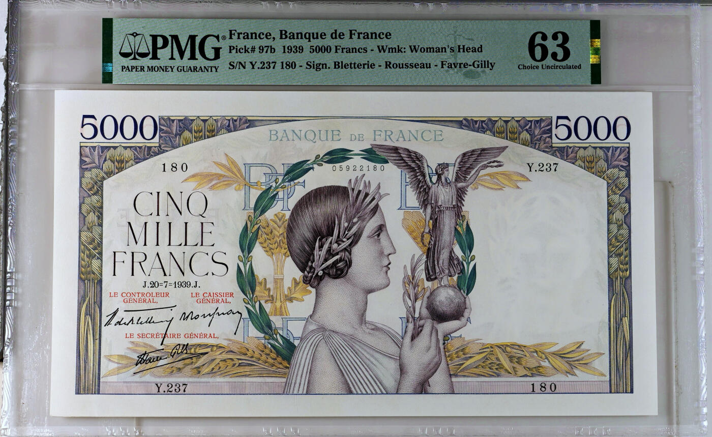 【Blue Auction】✨世界纸币精拍第492期【精】 【PMG错标 实际为a版】法国 1939年5000法郎 胜利女神 超大票幅 PMG63 雕刻精美