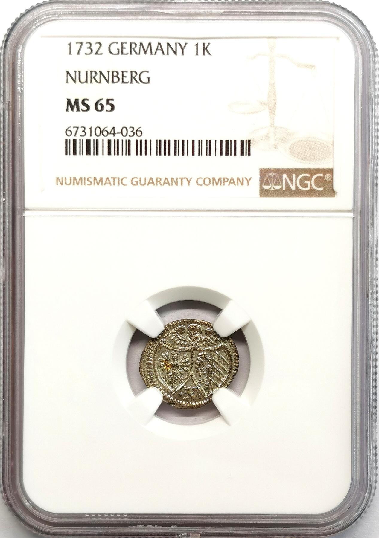 凡希社世界钱币微拍第二百七十三期 1732纽伦堡自由市1K银辅币NGC-MS65，收藏级！