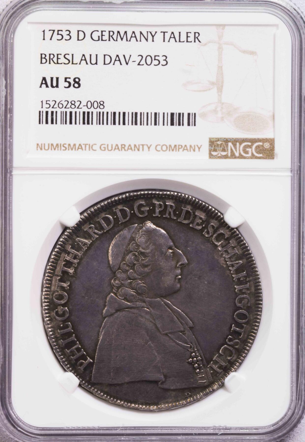 NGC-AU58 1753神罗德意志布雷斯劳泰勒大银币 珍稀老包浆