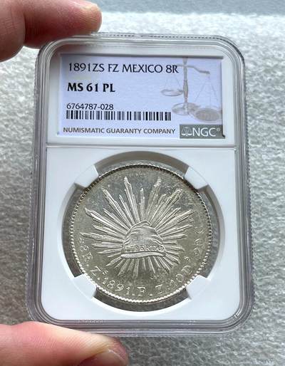 印尼纸币套、古希腊罗马银币、光绪民国铜板、站洋坐洋银币、印尼1970年全银套币经典钱包、马恩黑便士5盎司大银币70满分、法属东京湾六百分之一，各国纪念银币、老铜银币，日本箱馆仙台、琉球当百、秋田锷钱，英国套币、纪念章，彼得堡世界钱币勋章拍卖第100期 - 墨西哥1891年8里亚尔鹰洋银币，Zs FZ 萨卡特卡斯铸币厂，NGC MS61PL，少见类精制Prooflike鹰洋银币，初铸品，PL鹰洋稀少、价高品种