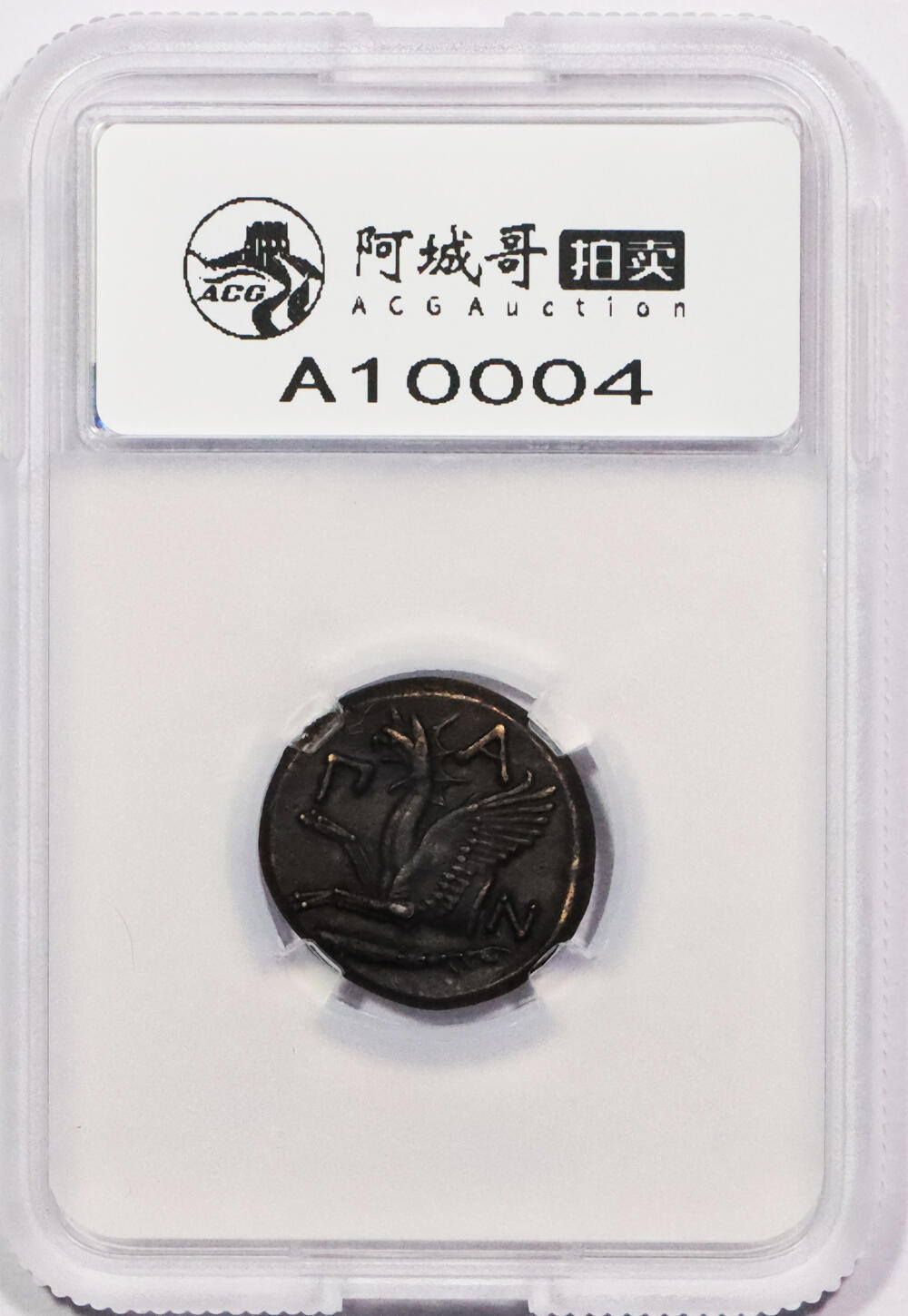 北京阿城哥拍卖2024年春季拍卖会 古希腊克里米亚半岛潘神与狮鹫铜币公元前310—前304/3年潘提卡帕翁城发行 直径：22mm 重量：7.8g 正面：森林之神潘神头像 反面：狮鹫格里芬半身像，下方有黑海鲟鱼，铭文“潘” TQG Ch VF评级编号：1105204-009