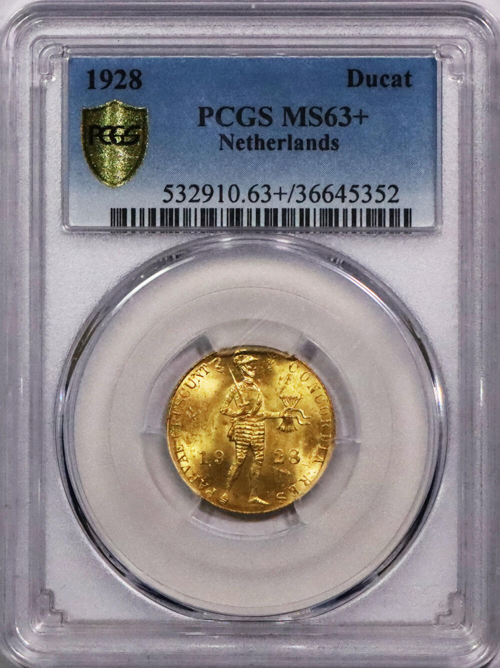 北京阿城哥拍卖2024年春季拍卖会 1928年荷兰武士金币一枚，PCGS MS63+评级编号：36645352