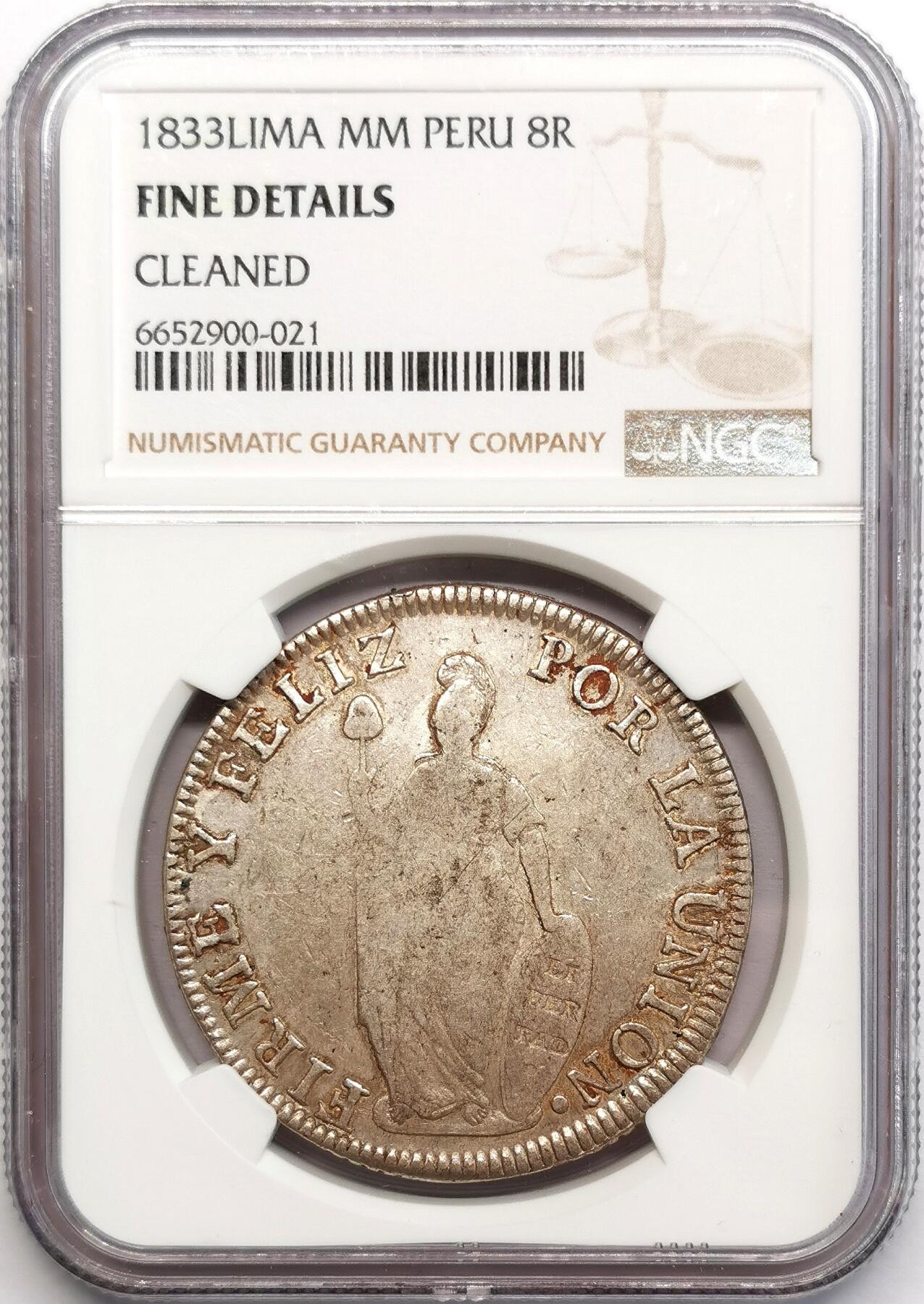 凡希社世界钱币微拍第二百七十三期 1833秘鲁站人8R大银NGC-FINED