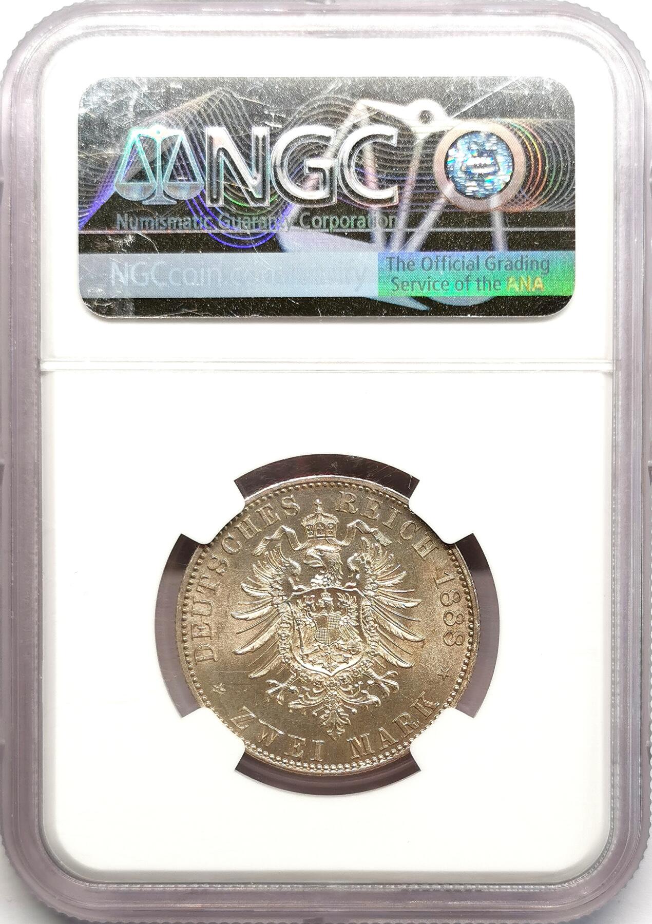 凡希社世界钱币微拍第二百七十三期 1888德国普鲁士三皇之年2马克短翅鹰NGC-MS63