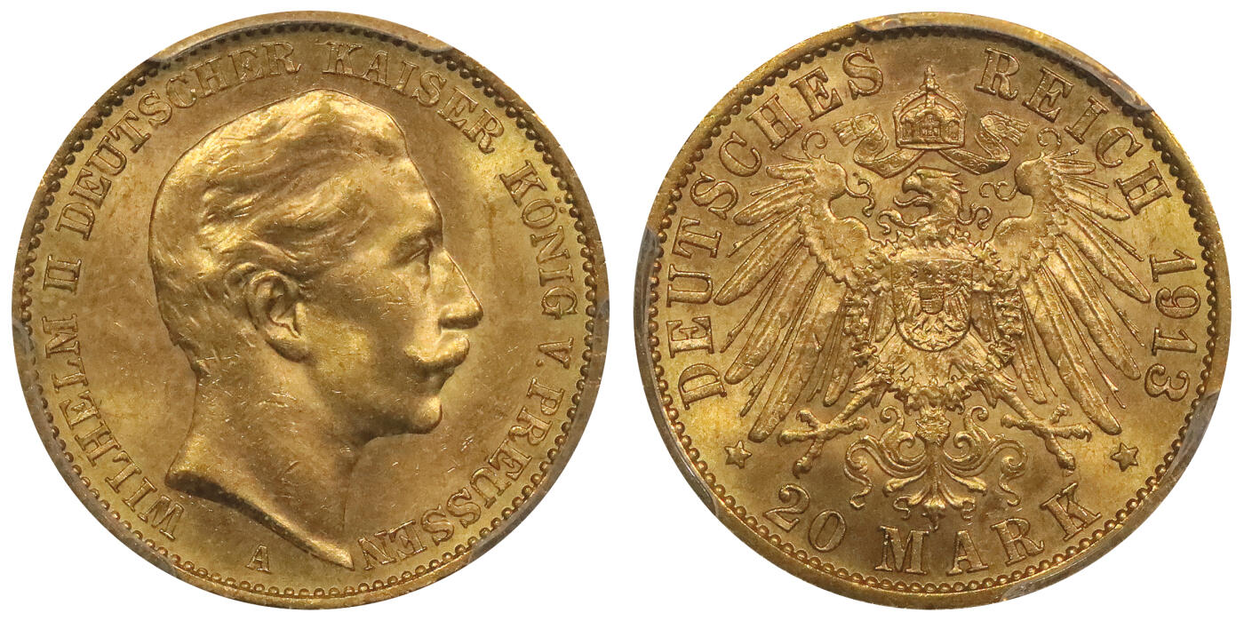 北京阿城哥拍卖2024年春季拍卖会 1913普鲁士二世马克金币一枚 PCGS MS63评级编号：37820601