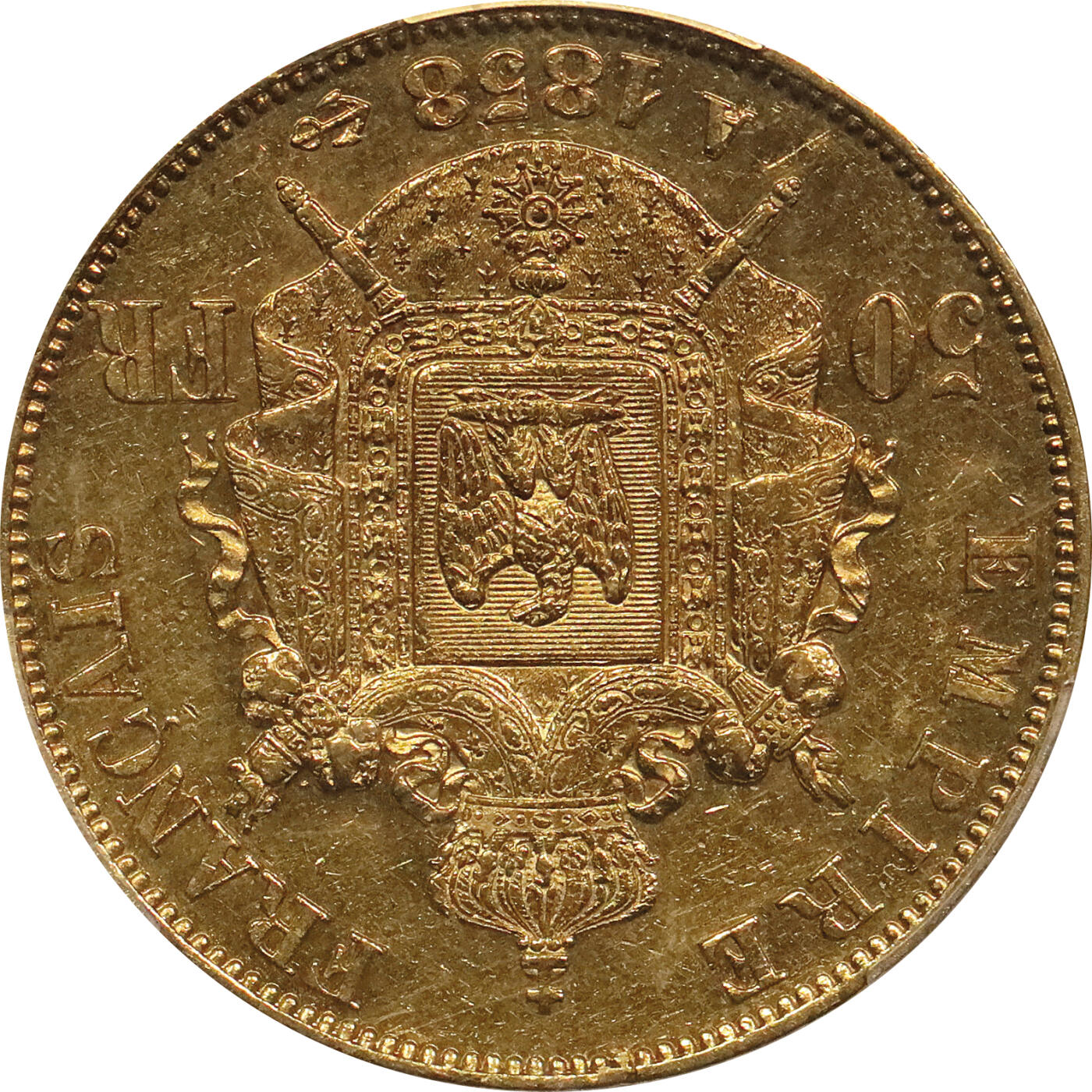 北京阿城哥拍卖2024年春季拍卖会 1858-A法国50法郎金币一枚，PCGS AU55评级编号：37820664