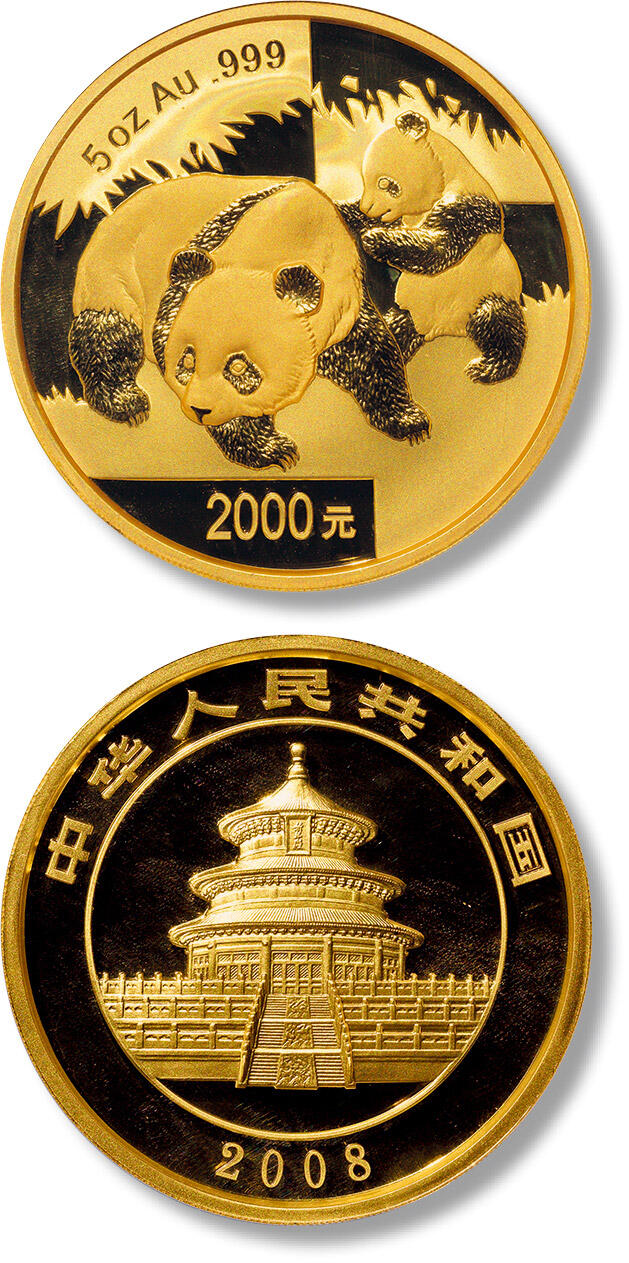 上海匡时2024年春季拍卖会 中国历代钱币专场 2008年熊猫5盎司纪念金币一枚，直径：60mm，重量：5盎司，成色：99.9%，面额：2000元，发行量：1000枚，精制。正面：北京天坛祈年殿。背面：母子熊猫图。NGC PF69UC，评级编号：8178690-001，附帶原盒及證書，证书编号：0151