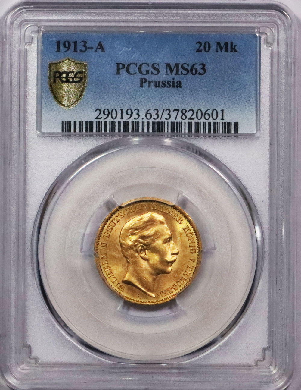 北京阿城哥拍卖2024年春季拍卖会 1913普鲁士二世马克金币一枚 PCGS MS63评级编号：37820601