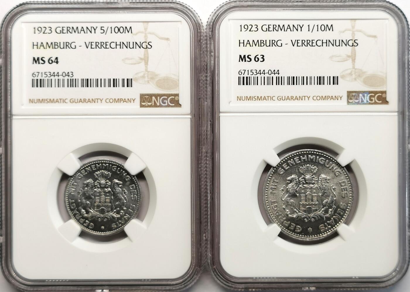 凡希社世界钱币微拍第二百七十三期 1923德紧汉堡马克铝币一对NGC-MS63/64