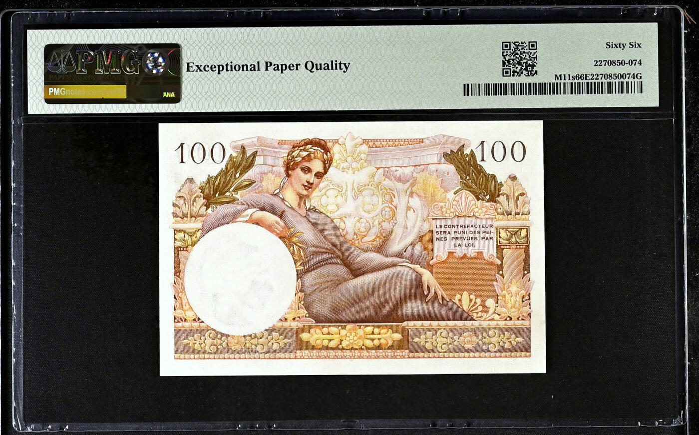 【Blue Auction】✨世界纸币精拍第493期【精】 【唯一记录&唯一冠军分】法国 1955年100法郎 TRÉSOR PUBLIC 军票 墨丘利 女神 PMG66EPQ 样钞 