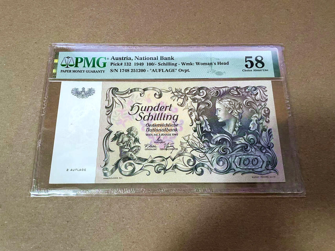 【Blue Auction】✨世界纸币精拍第493期【精】 奥地利 1949年100先令 经典美人鱼 PMG58 设计精美 