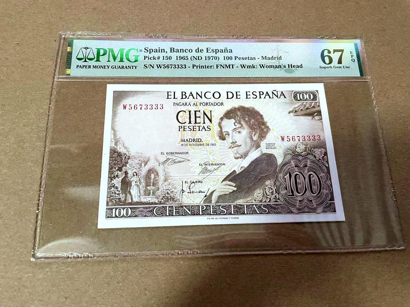 【Blue Auction】✨世界纸币精拍第493期【精】 【3333狮子号】西班牙 1965年100比塞塔 PMG67EPQ 高分