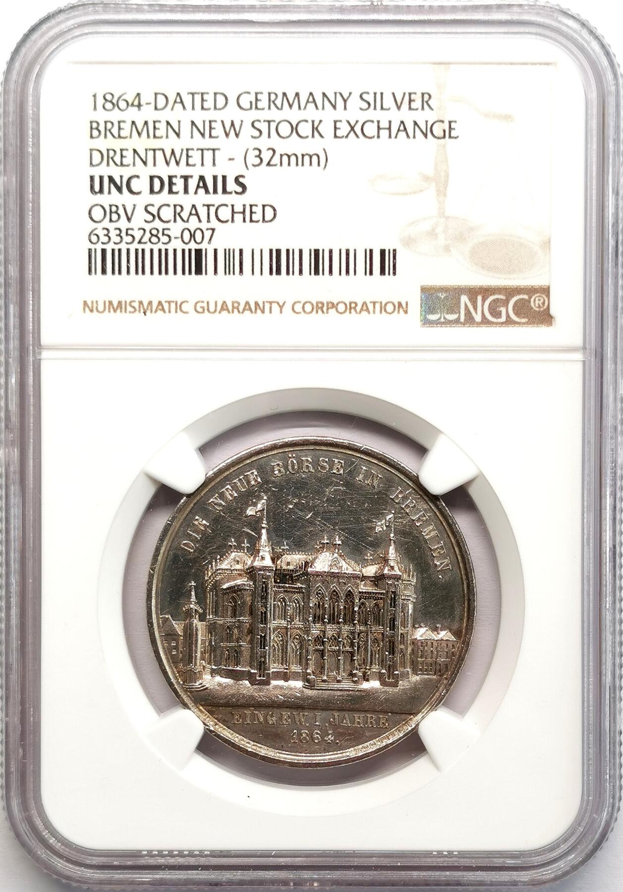 凡希社世界钱币微拍第二百七十三期 1864德国不来梅证券交易所纪念银章NGC-UNCD