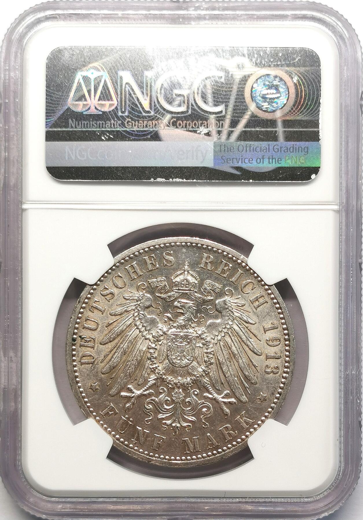 凡希社世界钱币微拍第二百七十三期 1913J德国汉堡5马克大银NGC-MS63