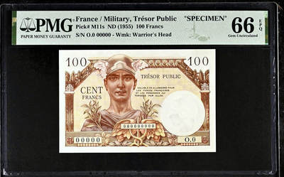 【Blue Auction】✨世界纸币精拍第493期【精】 - 【唯一记录&唯一冠军分】法国 1955年100法郎 TRÉSOR PUBLIC 军票 墨丘利 女神 PMG66EPQ 样钞 