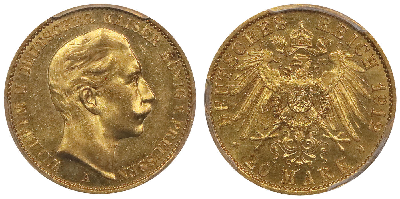 北京阿城哥拍卖2024年春季拍卖会 1912-A 普鲁士20MK金币一枚，PCGS MS63+评级编号：80722823