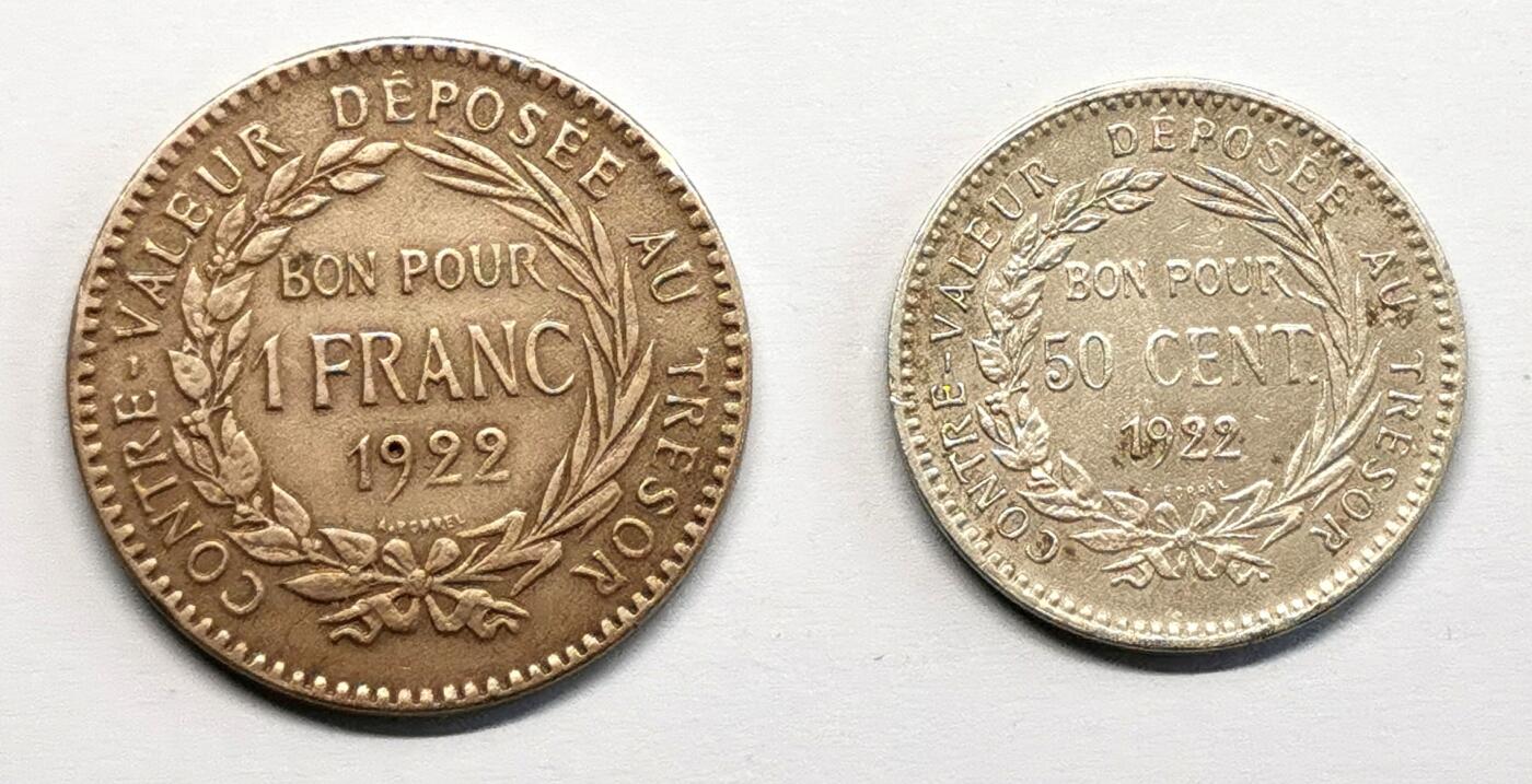 凡希社世界钱币微拍第二百七十三期 1922法属马提尼克50分/1法郎一对AU
