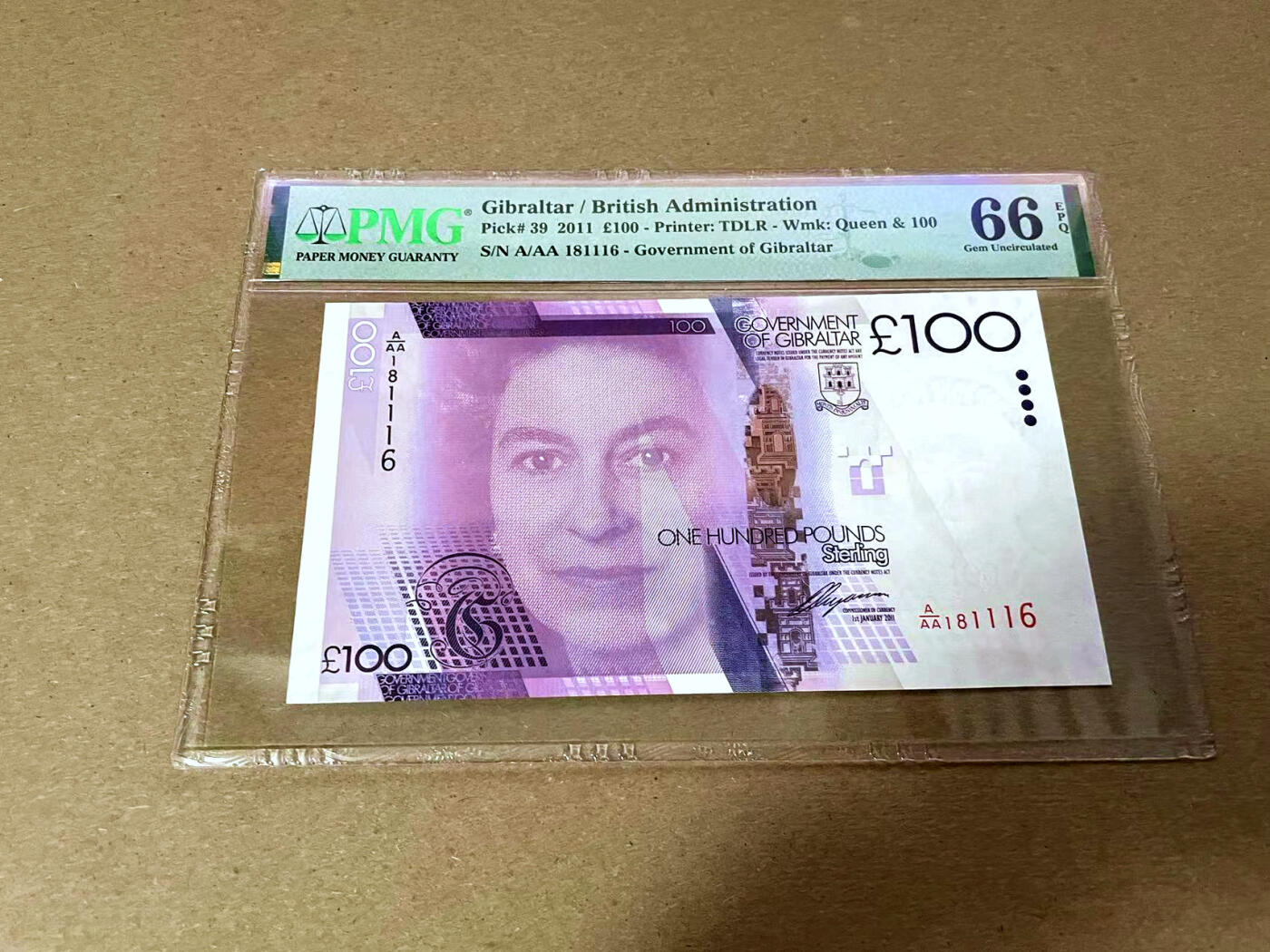 【Blue Auction】✨世界纸币精拍第493期【精】  【AAA冠倒置号】直布罗陀 2011年100镑 女王PMG66EPQ 