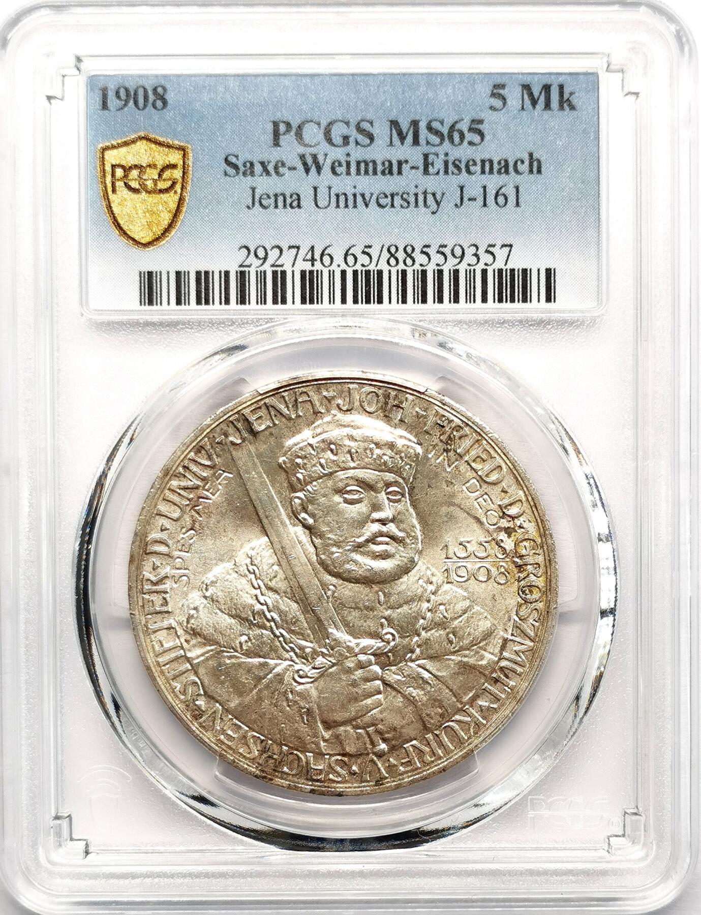 凡希社世界钱币微拍第二百七十三期 1908德国萨克-森魏玛-爱森纳赫耶拿大学纪念5马克大银PCGS-MS65，高分淡彩银光！