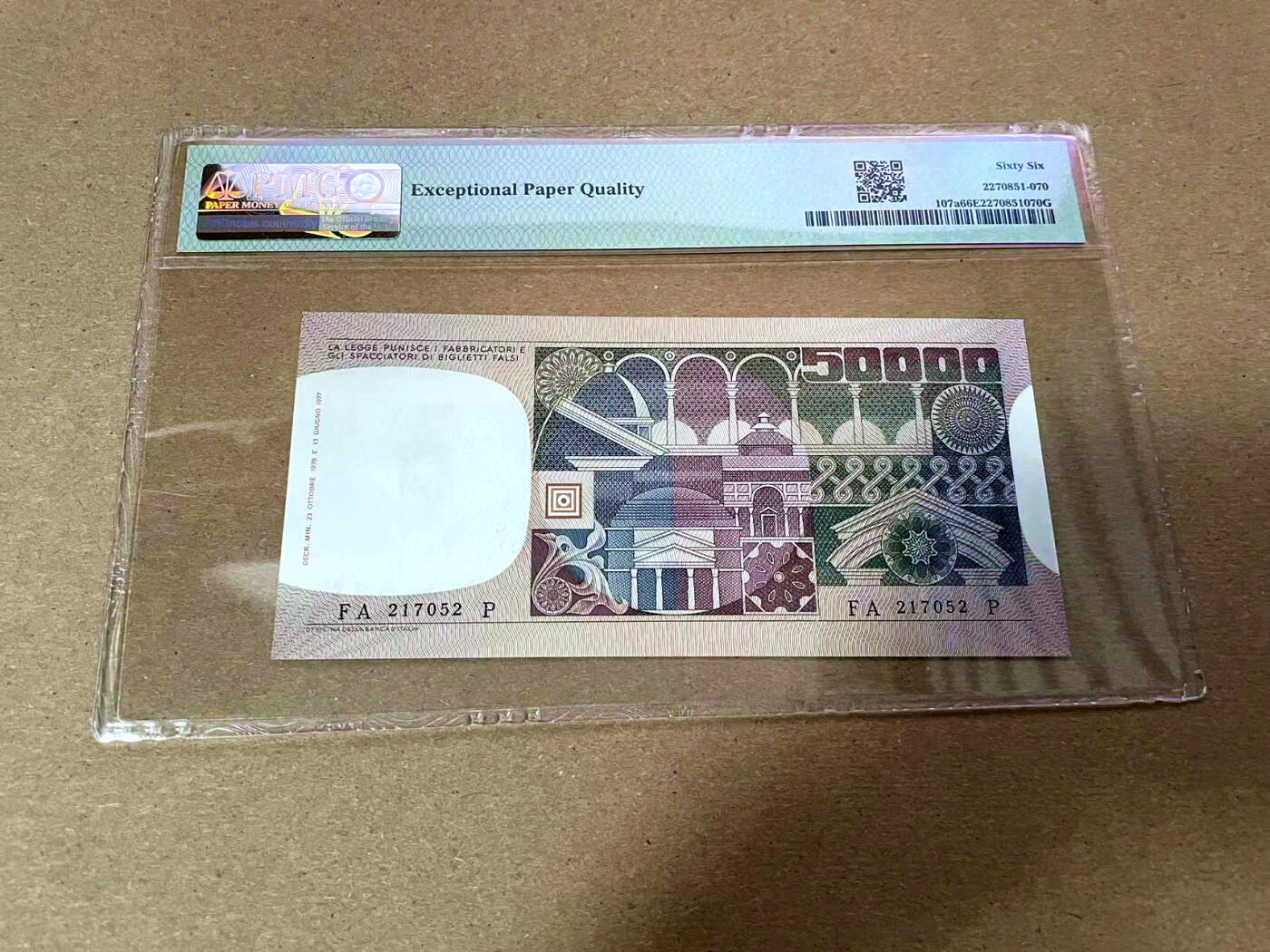 【Blue Auction】✨世界纸币精拍第493期【精】 【a版】意大利 1977-78年50000里拉 PMG66EPQ 