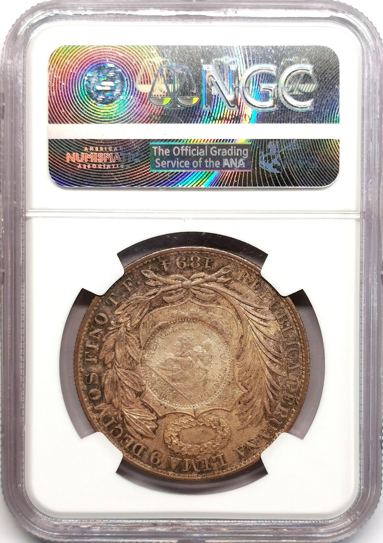 凡希社世界钱币微拍第二百七十三期 荐！1894危地马拉加盖秘鲁比索大银NGC-MS63，戳记与母币品相一流，烟熏彩包浆绝美！