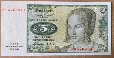 1960年首发 联邦 德国 5马克 纸币 P-18 全新UNC - 1960年首发 联邦 德国 5马克 纸币 P-18 全新UNC