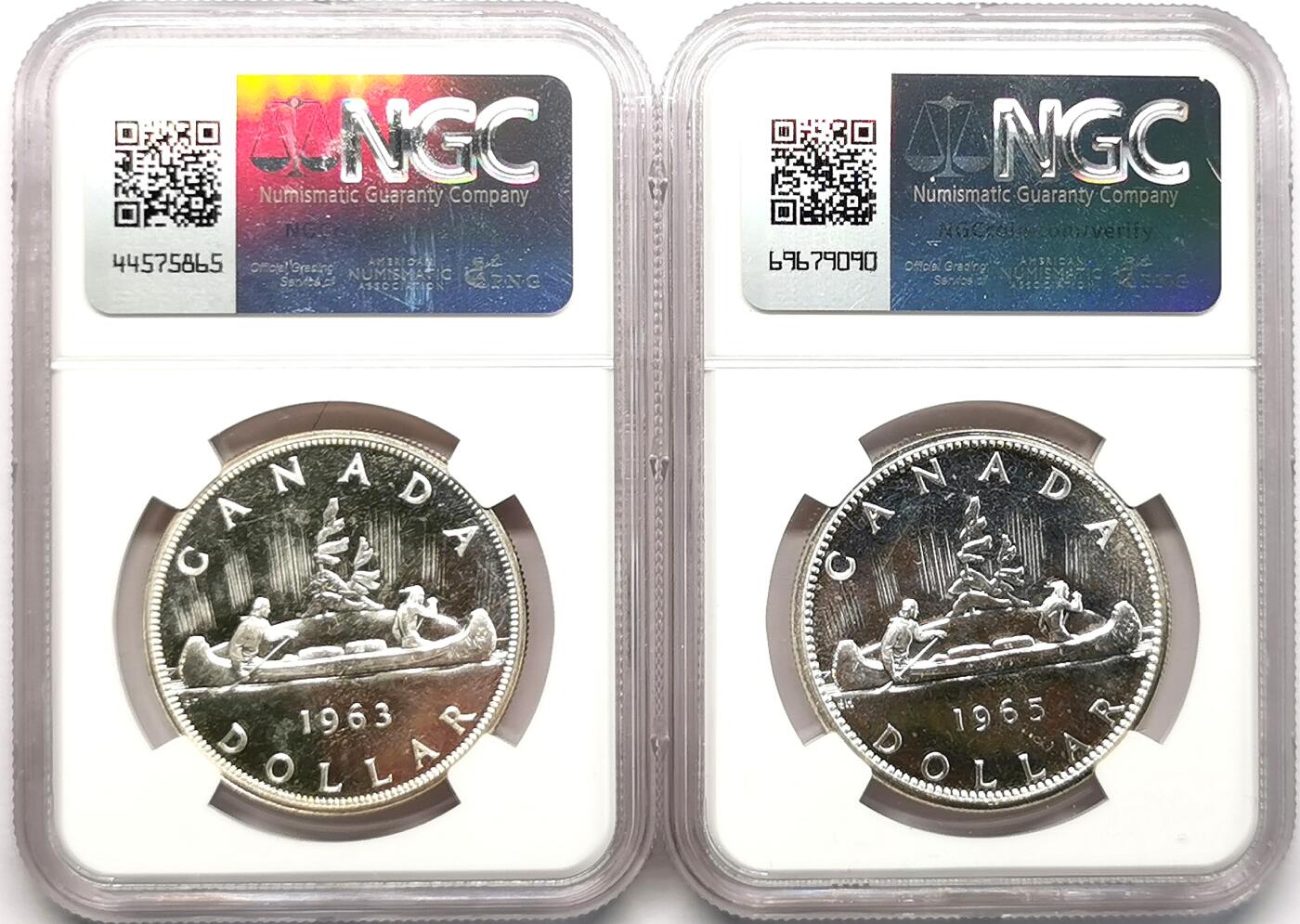凡希社世界钱币微拍第二百七十三期 1963/65加拿大伊丽莎白Dollar银币一对NGC-PL65