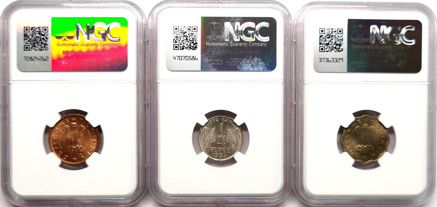 凡希社世界钱币微拍第二百七十三期 1950/54印度共和国辅币三枚NGC-MS63/63/65