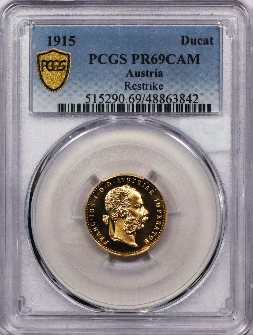 北京阿城哥拍卖2024年春季拍卖会 1915奥地利弗朗茨一世杜卡特金币 PCGS PR69CAM评级编号：48863842