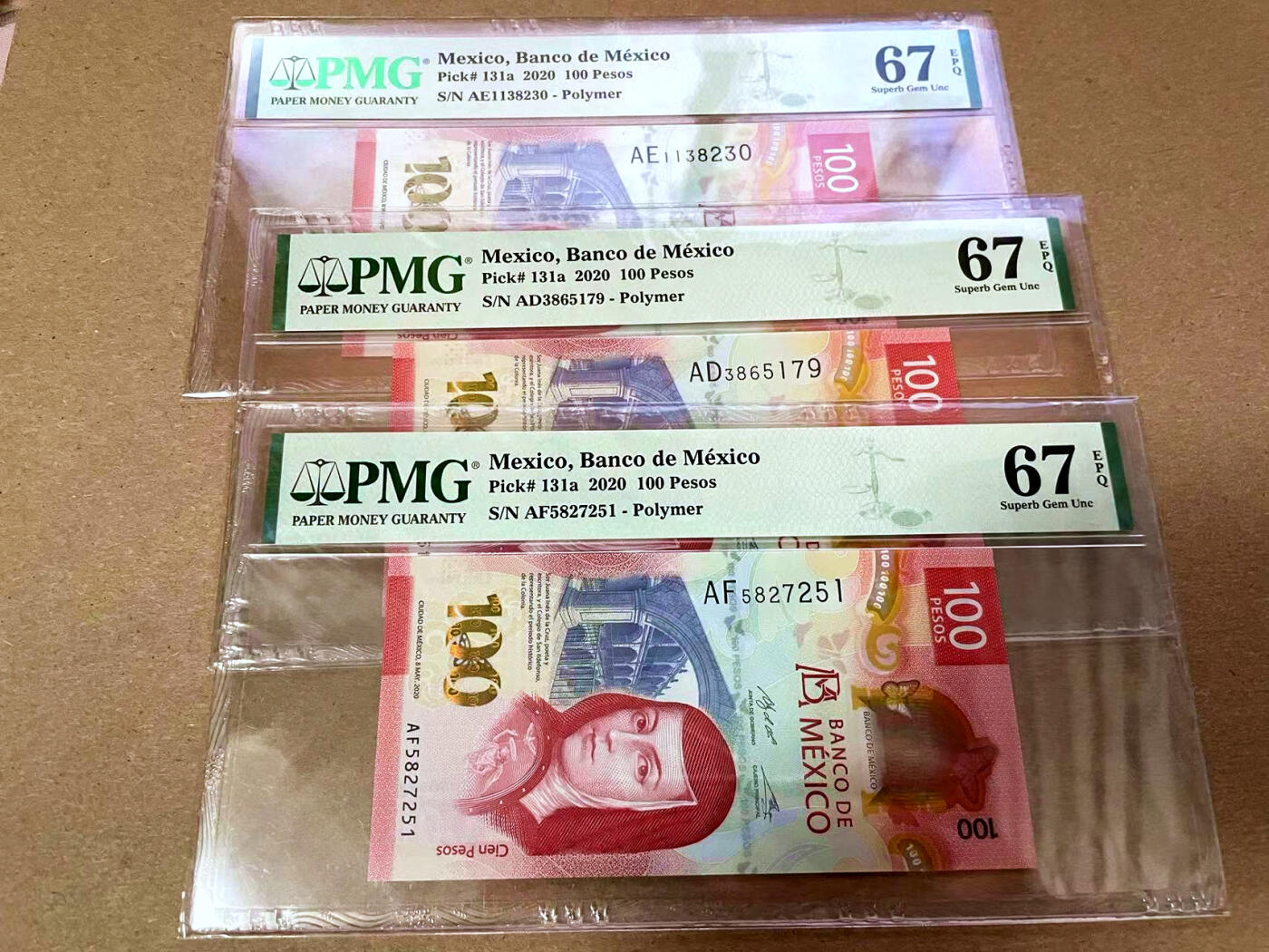 【Blue Auction】✨世界纸币精拍第493期【精】 【一组3张】墨西哥 2020年100比索 PMG67EPQ 