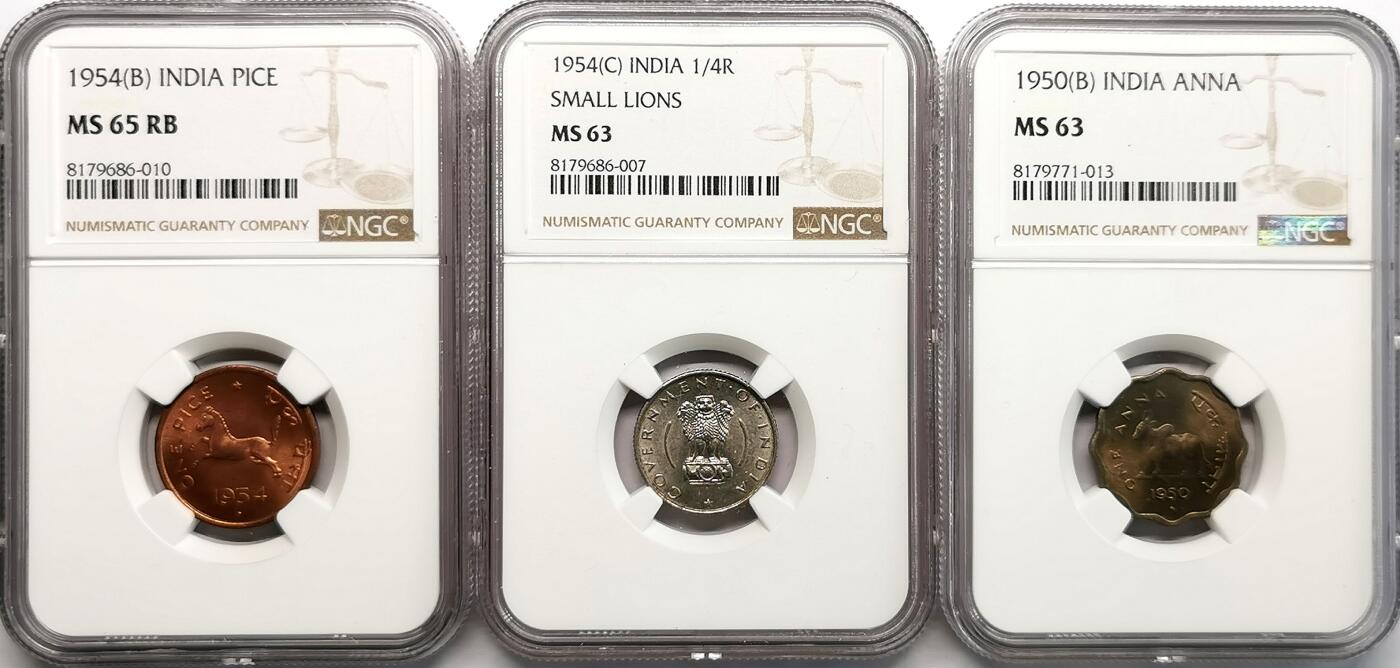 凡希社世界钱币微拍第二百七十三期 1950/54印度共和国辅币三枚NGC-MS63/63/65